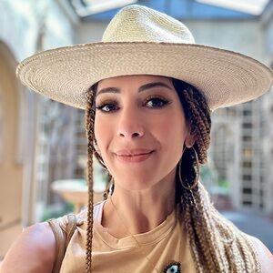 Natural Palm Leaf Wide-Brim Hat with White Leather Wrap